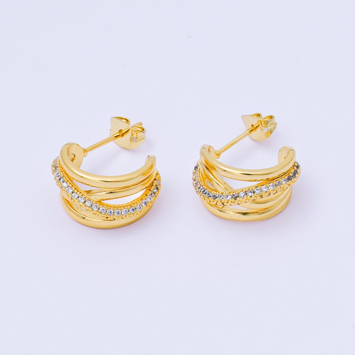 24K Gold Filled 20mm Micro Paved CZ Multiple Band C - Shaped Hoop Earrings | AB1564 - DLUXCA