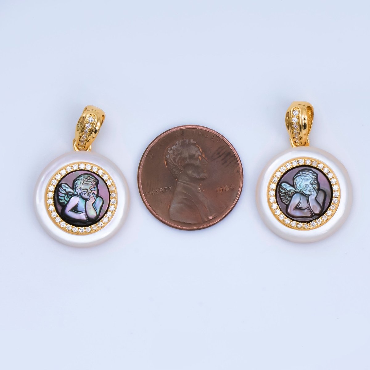 24K Gold Filled 20mm Micro Paved CZ Round Medallion Abalone Pendant in Baby Angel & Woman | AH - 500 AH - 501 - DLUXCA