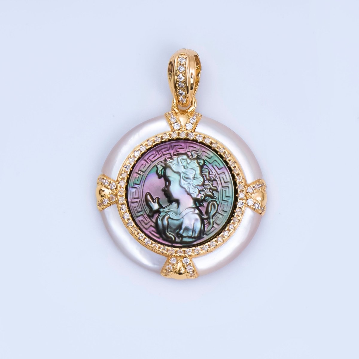 24K Gold Filled 20mm Micro Paved CZ Round Medallion Abalone Pendant in Baby Angel & Woman | AH - 500 AH - 501 - DLUXCA
