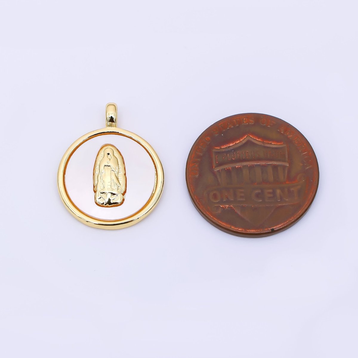 24K Gold Filled 20mm Mother Mary Shell Pearl Round Religious Charm | AH567 - DLUXCA