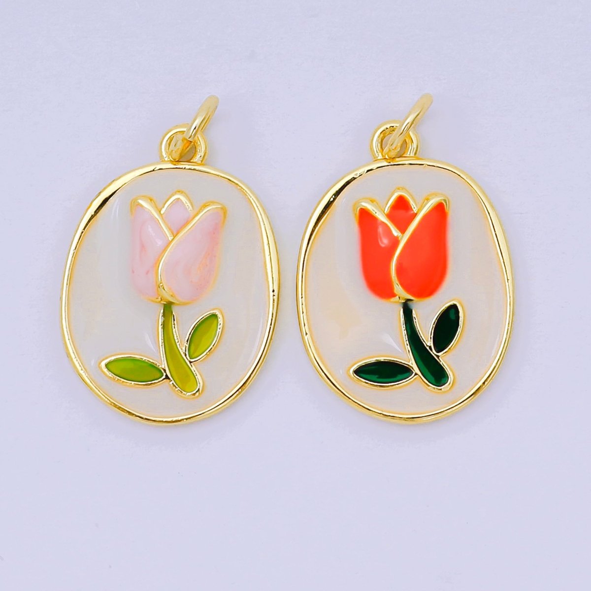 24K Gold Filled 20mm Mother of Pearl Blooming Tulip Emblem Charm in Pink & Red | AH - 631 - DLUXCA