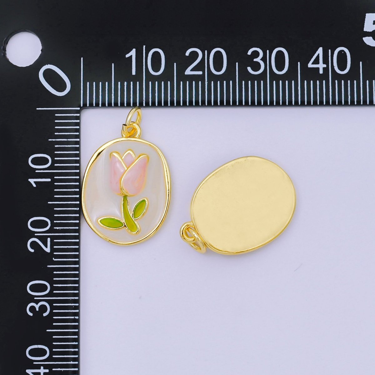 24K Gold Filled 20mm Mother of Pearl Blooming Tulip Emblem Charm in Pink & Red | AH - 631 - DLUXCA
