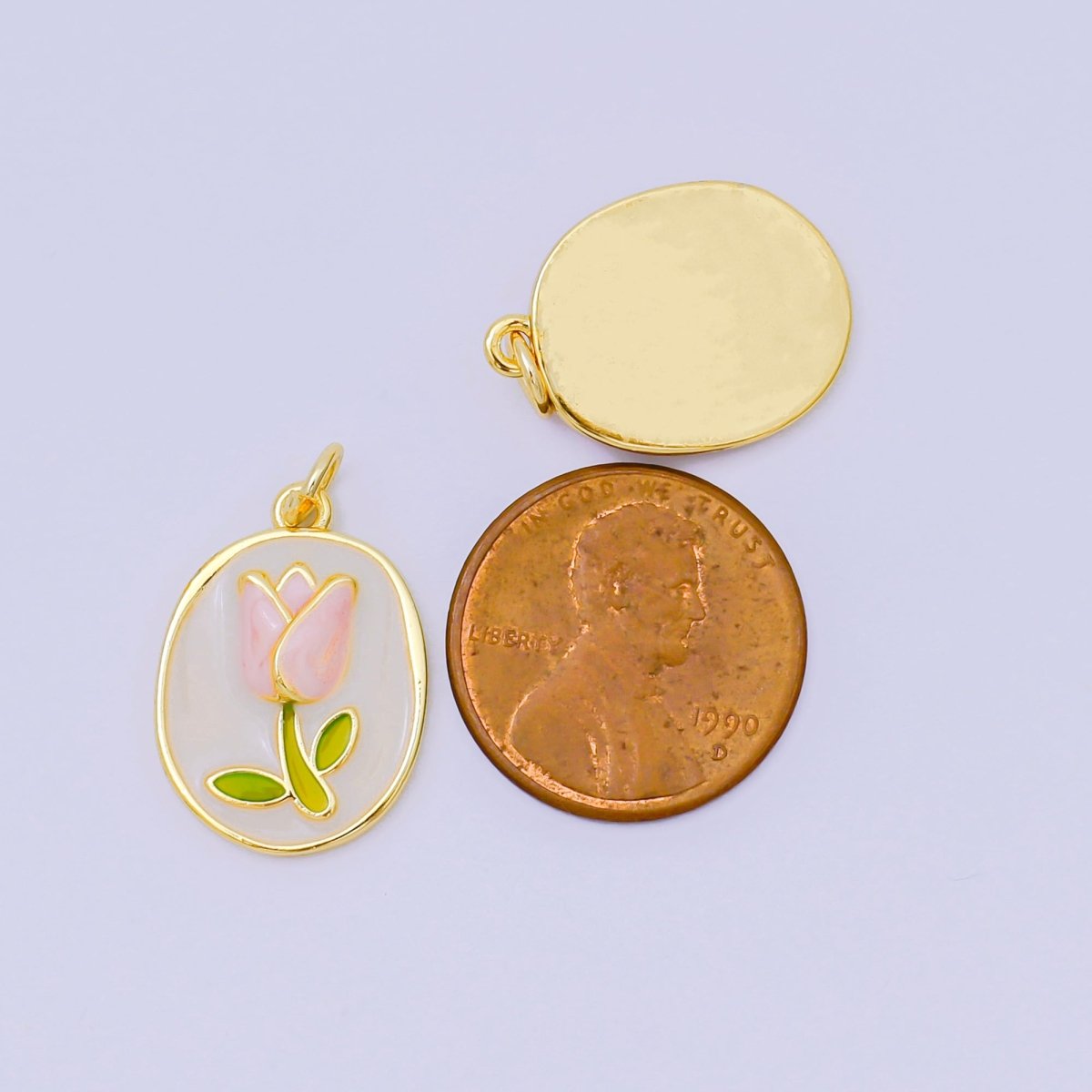 24K Gold Filled 20mm Mother of Pearl Blooming Tulip Emblem Charm in Pink & Red | AH - 631 - DLUXCA