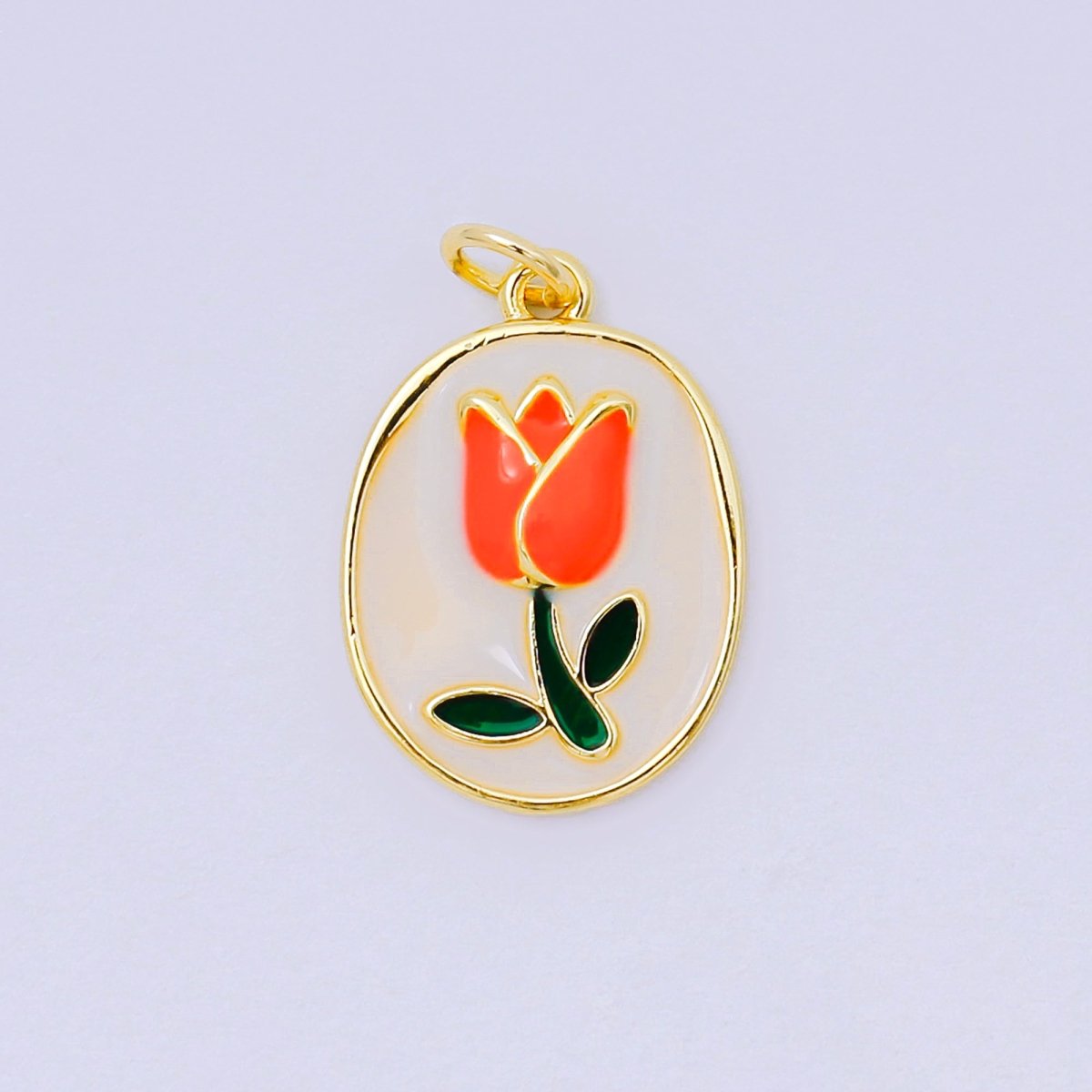 24K Gold Filled 20mm Mother of Pearl Blooming Tulip Emblem Charm in Pink & Red | AH - 631 - DLUXCA