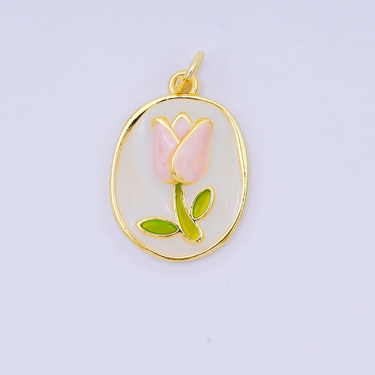24K Gold Filled 20mm Mother of Pearl Blooming Tulip Emblem Charm in Pink & Red | AH - 631 - DLUXCA