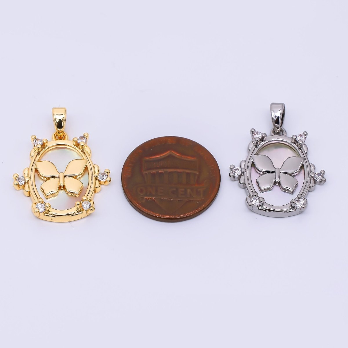 24K Gold Filled 20mm Mother of Pearl Framed Butterfly Animal Pendant in Gold & Silver | AA - 1572 - DLUXCA