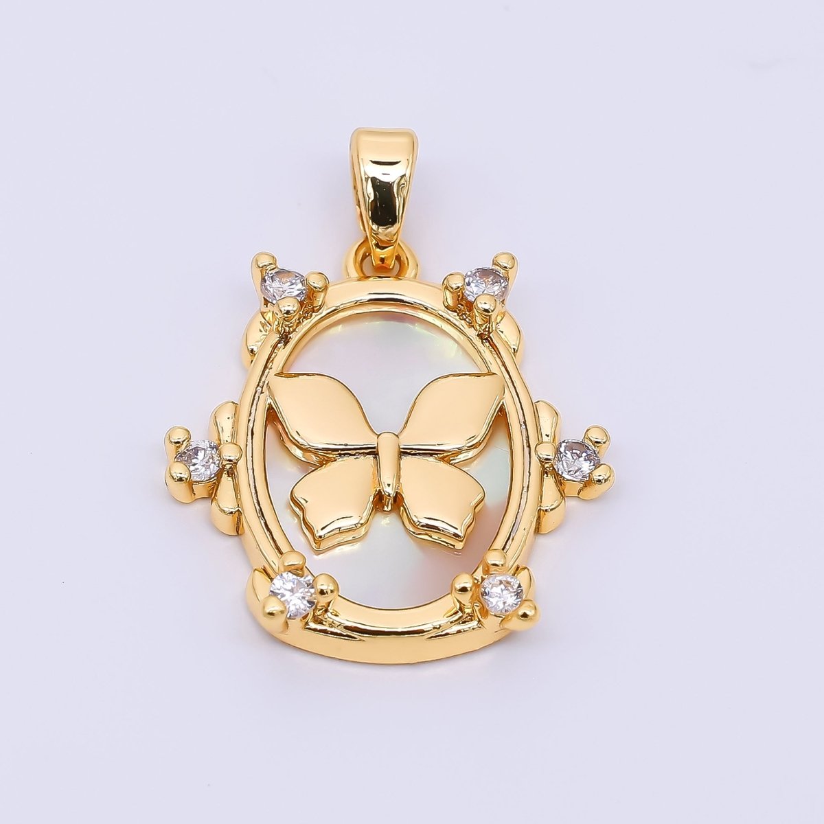 24K Gold Filled 20mm Mother of Pearl Framed Butterfly Animal Pendant in Gold & Silver | AA - 1572 - DLUXCA