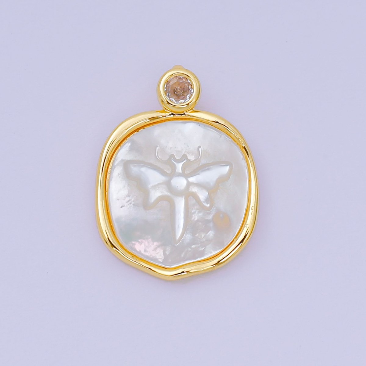 24K Gold Filled 20mm Mother of Pearl The Moth Butterfly Medallion Pendant in Gold & Silver | AA - 1578 - DLUXCA