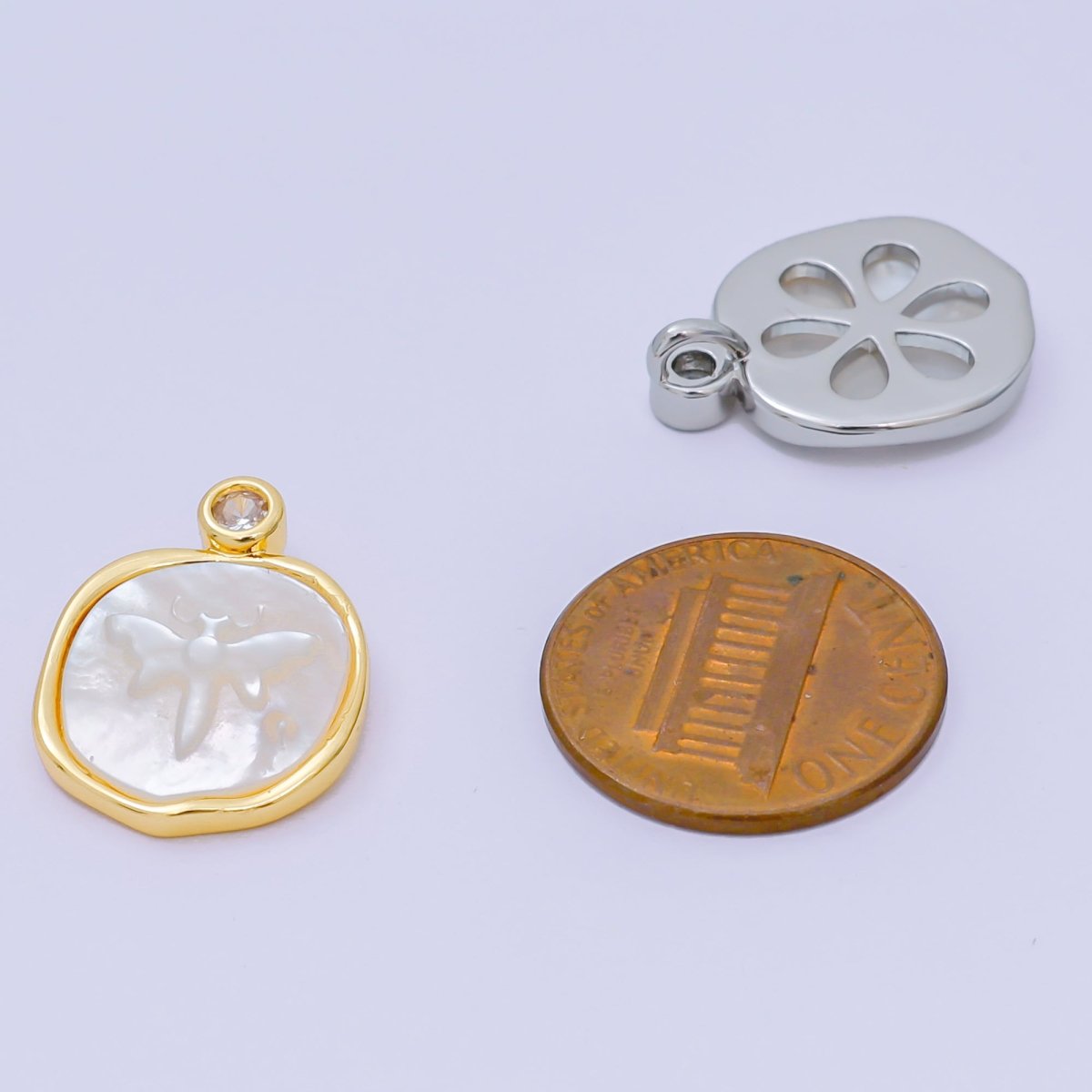 24K Gold Filled 20mm Mother of Pearl The Moth Butterfly Medallion Pendant in Gold & Silver | AA - 1578 - DLUXCA