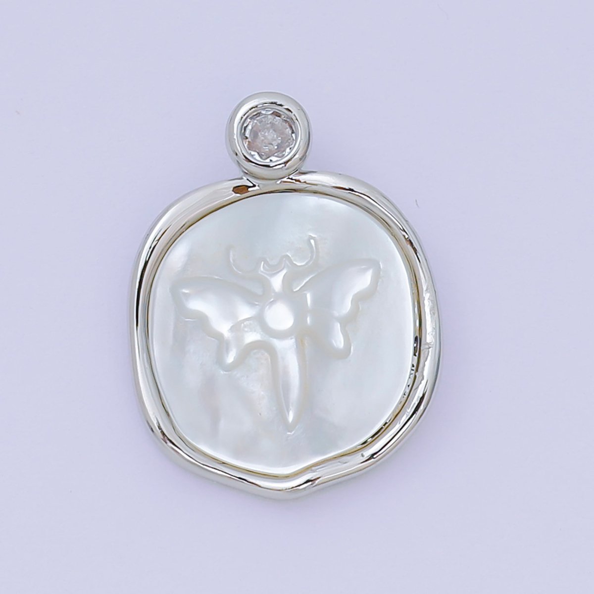 24K Gold Filled 20mm Mother of Pearl The Moth Butterfly Medallion Pendant in Gold & Silver | AA - 1578 - DLUXCA