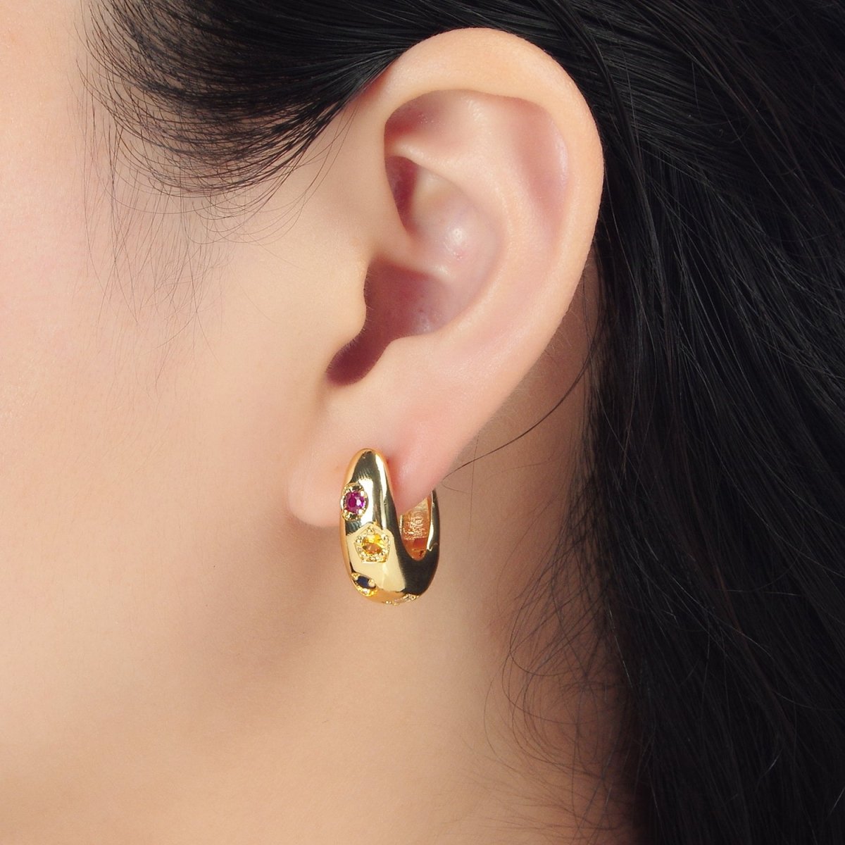 24K Gold Filled 20mm Multicolor Geometric CZ Huggie Earrings | AD757 - DLUXCA