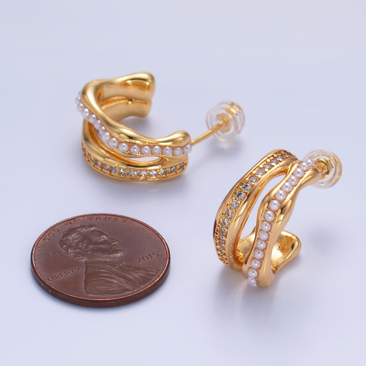 24K Gold Filled 20mm Pearl Micro Paved CZ Double Band C - Shaped Hoop Earrings | Q534 - DLUXCA