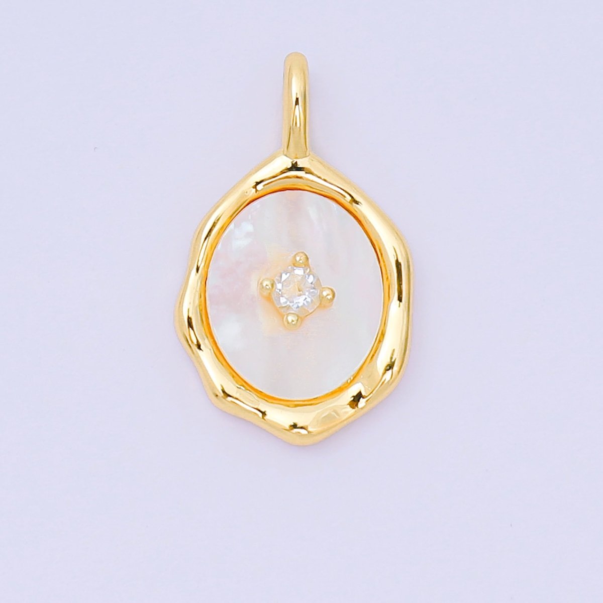 24K Gold Filled 20mm Round CZ Shell Pearl Abstract Mirror Pendant in Gold & Silver | AA - 1584 - DLUXCA