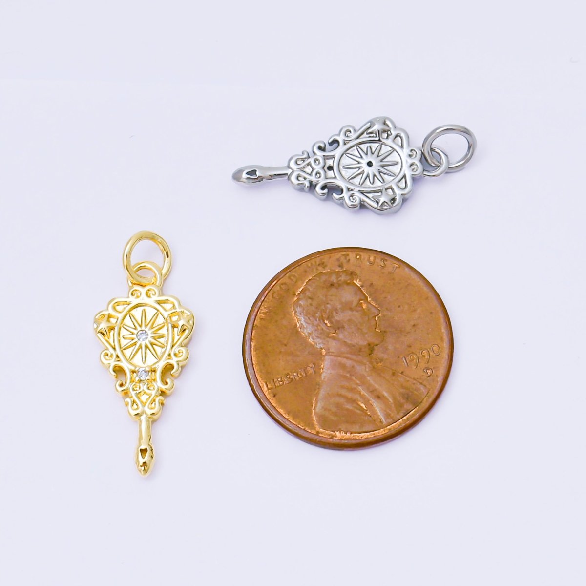 24K Gold Filled 20mm Twin Round CZ Hand Mirror Fantasy Charm in Gold & Silver | AF1252 - DLUXCA