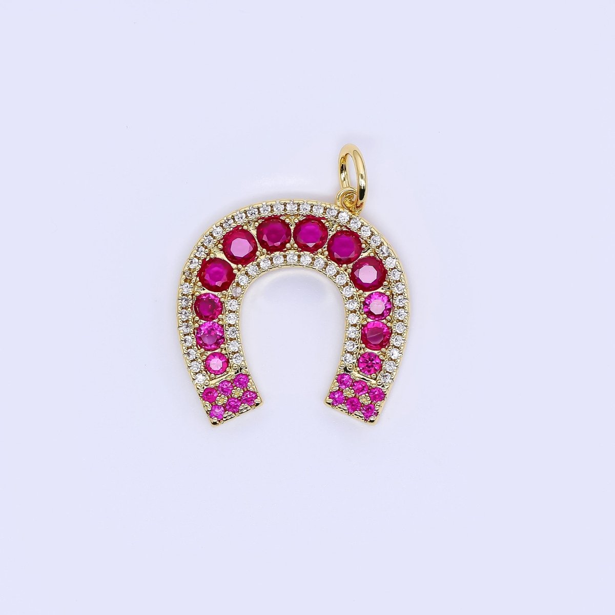 24K Gold Filled 21.5mm Micro Paved CZ Hot Pink Horseshoe Charm | W642 - DLUXCA