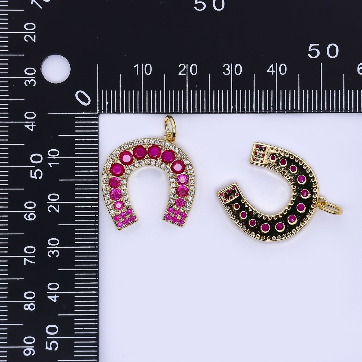 24K Gold Filled 21.5mm Micro Paved CZ Hot Pink Horseshoe Charm | W642 - DLUXCA