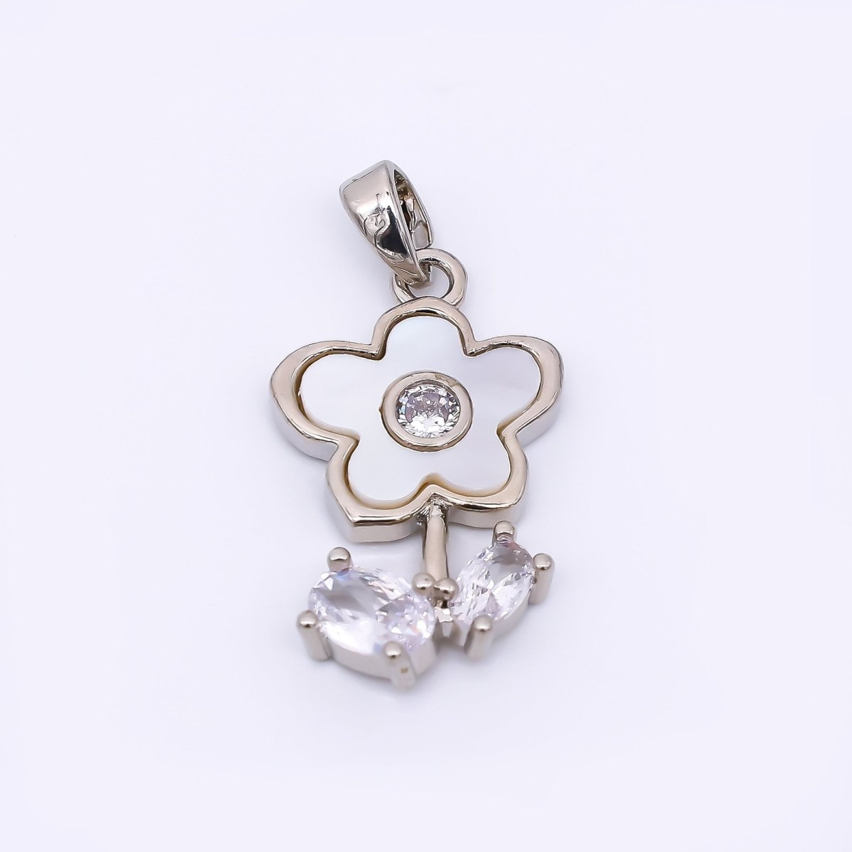 24K Gold Filled 21.5mm Oval Clear CZ Mother of Pearl Timeless Beauty Flower Pendant in Gold & Silver | AA - 1571 - DLUXCA
