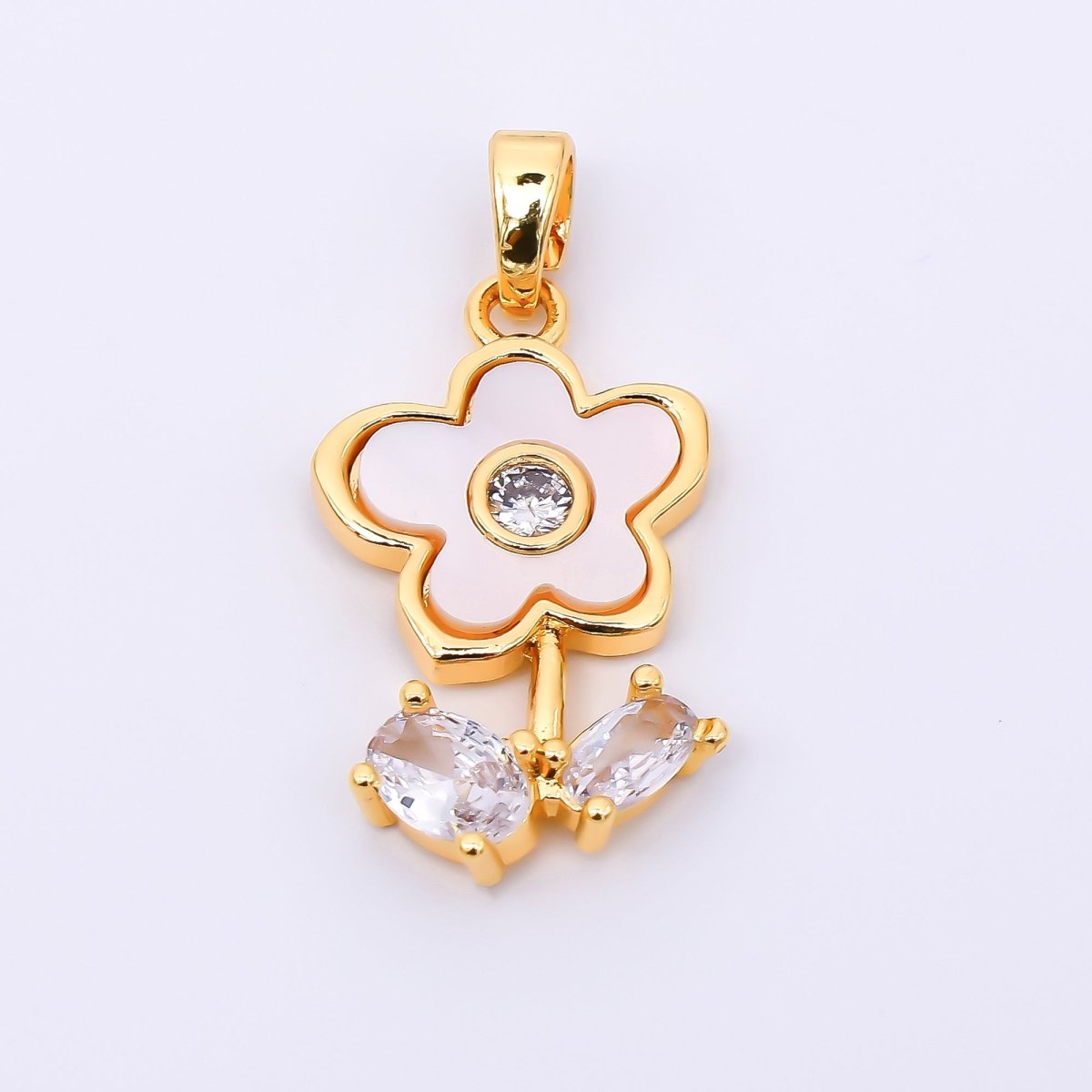 24K Gold Filled 21.5mm Oval Clear CZ Mother of Pearl Timeless Beauty Flower Pendant in Gold & Silver | AA - 1571 - DLUXCA
