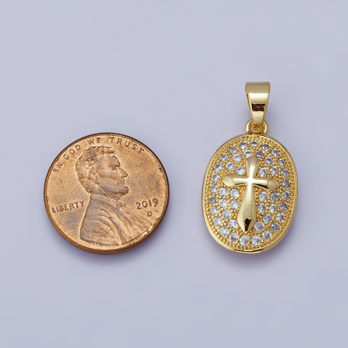 24K Gold Filled 21mm Micro Paved CZ Cross Oval Religious Pendant | H00096 - DLUXCA