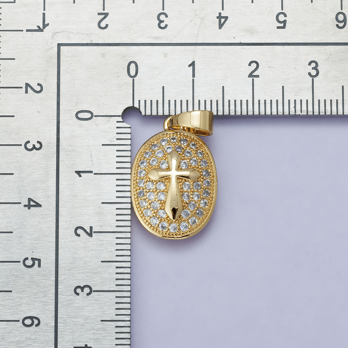 24K Gold Filled 21mm Micro Paved CZ Cross Oval Religious Pendant | H00096 - DLUXCA