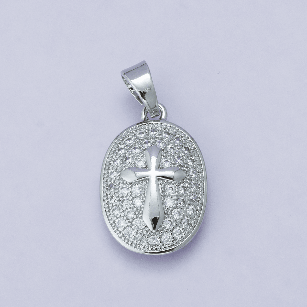 24K Gold Filled 21mm Micro Paved CZ Cross Oval Religious Pendant | H00096 - DLUXCA