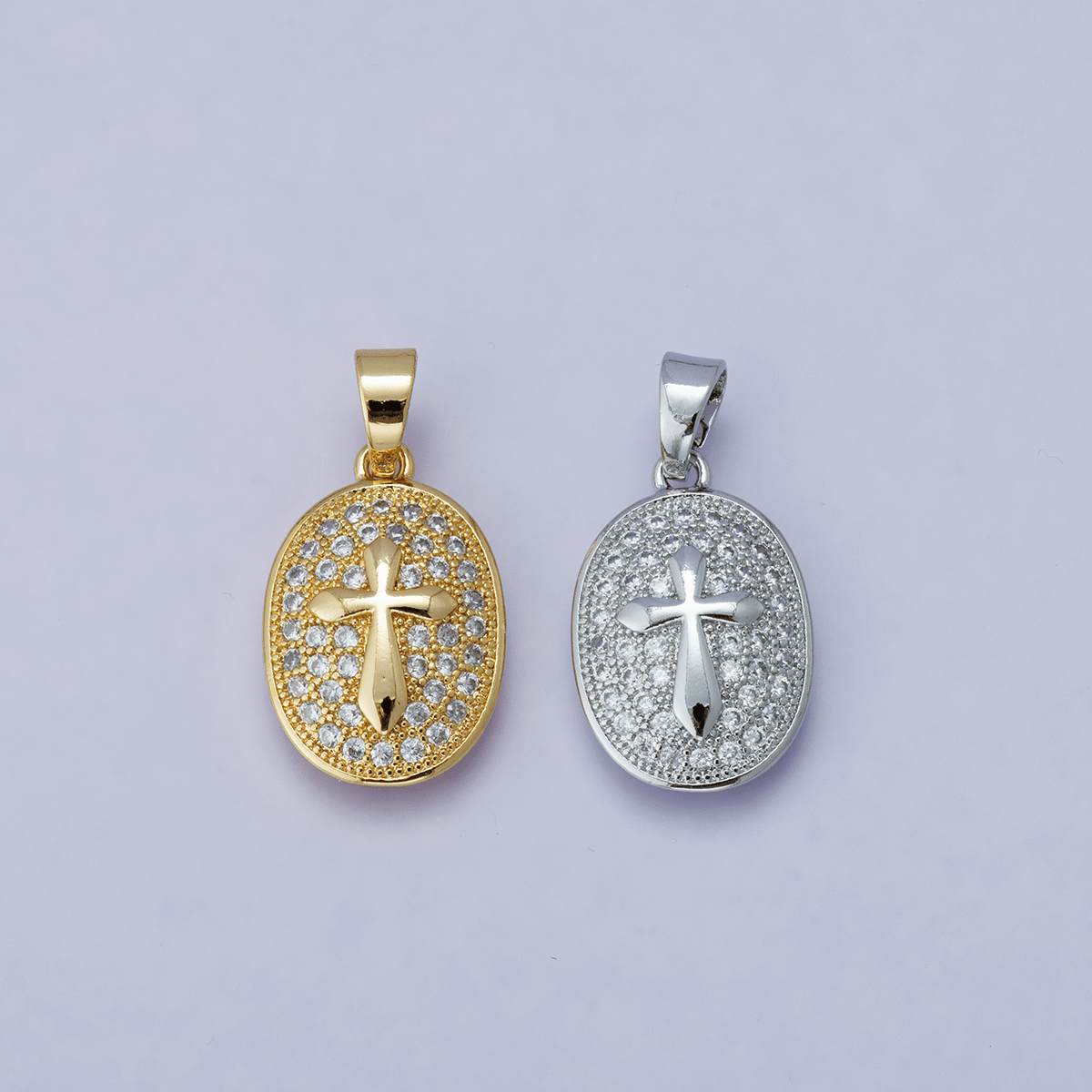 24K Gold Filled 21mm Micro Paved CZ Cross Oval Religious Pendant | H00096 - DLUXCA