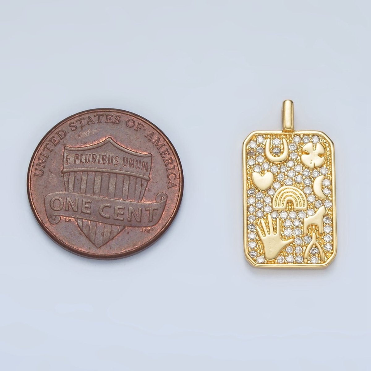 24K Gold Filled 21mm Micro Paved CZ Lucky Horseshoe Wishbone Clover Tag Pendant | AA1368 - DLUXCA