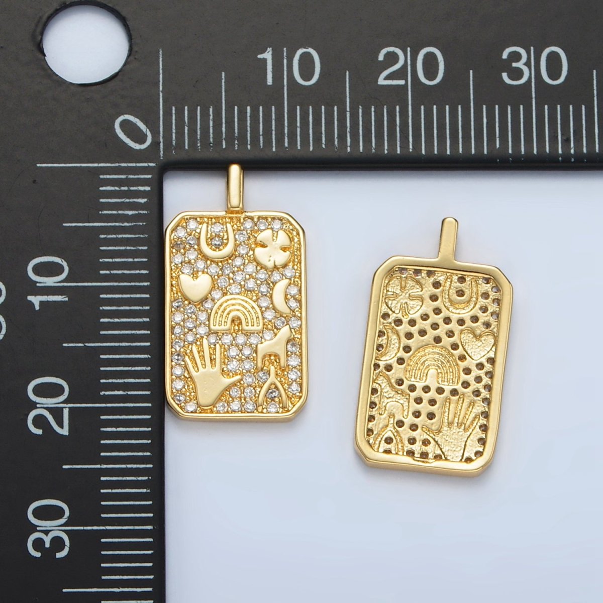 24K Gold Filled 21mm Micro Paved CZ Lucky Horseshoe Wishbone Clover Tag Pendant | AA1368 - DLUXCA