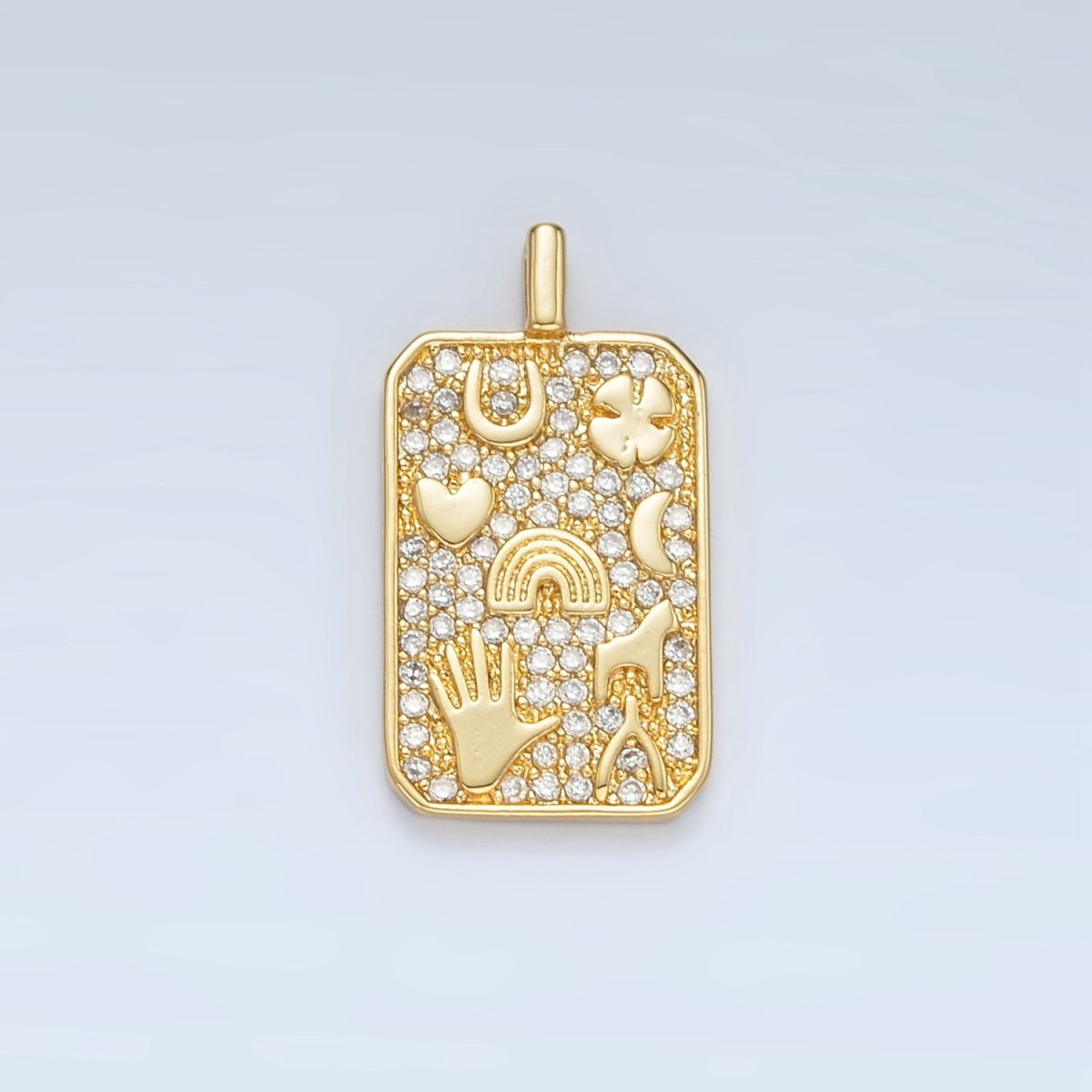 24K Gold Filled 21mm Micro Paved CZ Lucky Horseshoe Wishbone Clover Tag Pendant | AA1368 - DLUXCA