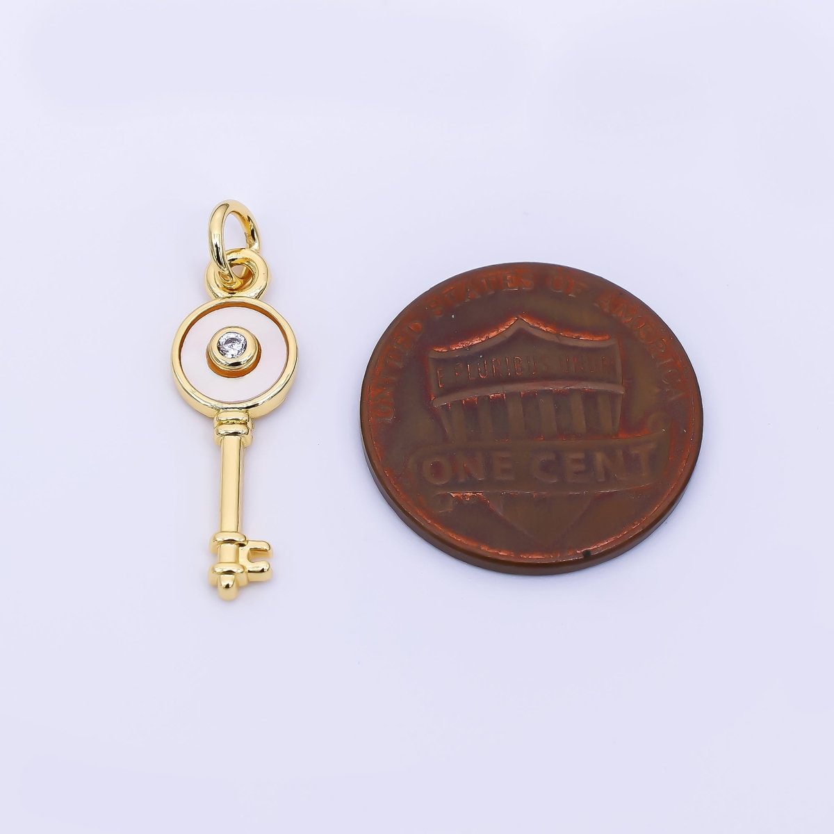 24K Gold Filled 21mm Round CZ Mother of Pearl Art Key Charm | AH - 563 - DLUXCA