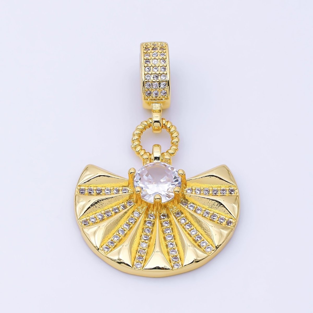 24K Gold Filled 22.5mm Fan Round Micro Paved CZ Rondelle Bail Drop Pendant | I003 - DLUXCA