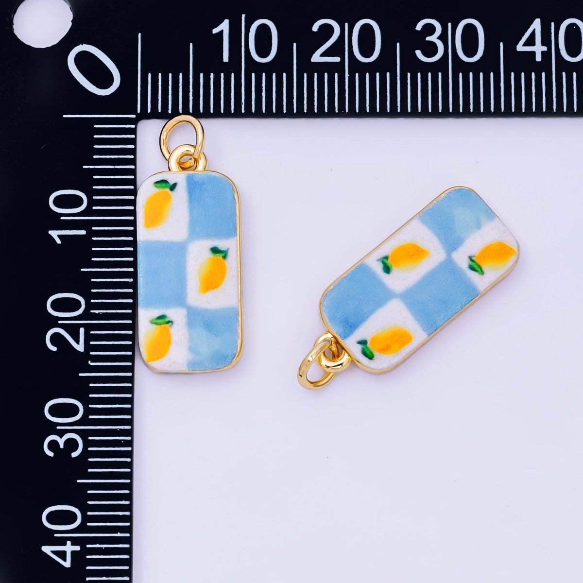 24K Gold Filled 22mm Enamel Art Blue Checkered Lemon Fruit Charm | AJ - 526 - DLUXCA