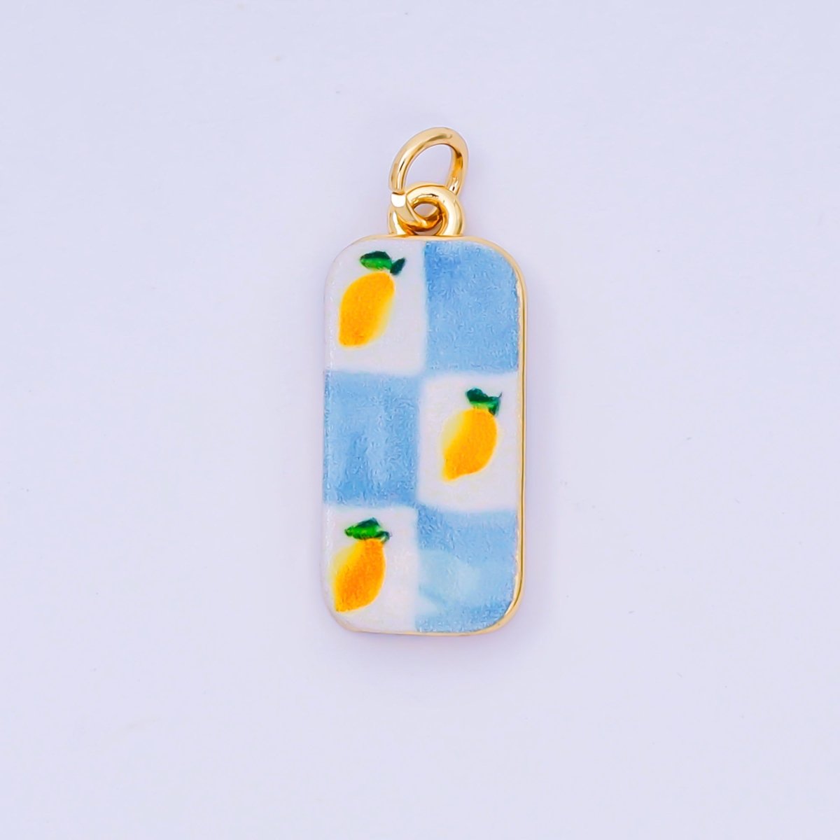 24K Gold Filled 22mm Enamel Art Blue Checkered Lemon Fruit Charm | AJ - 526 - DLUXCA