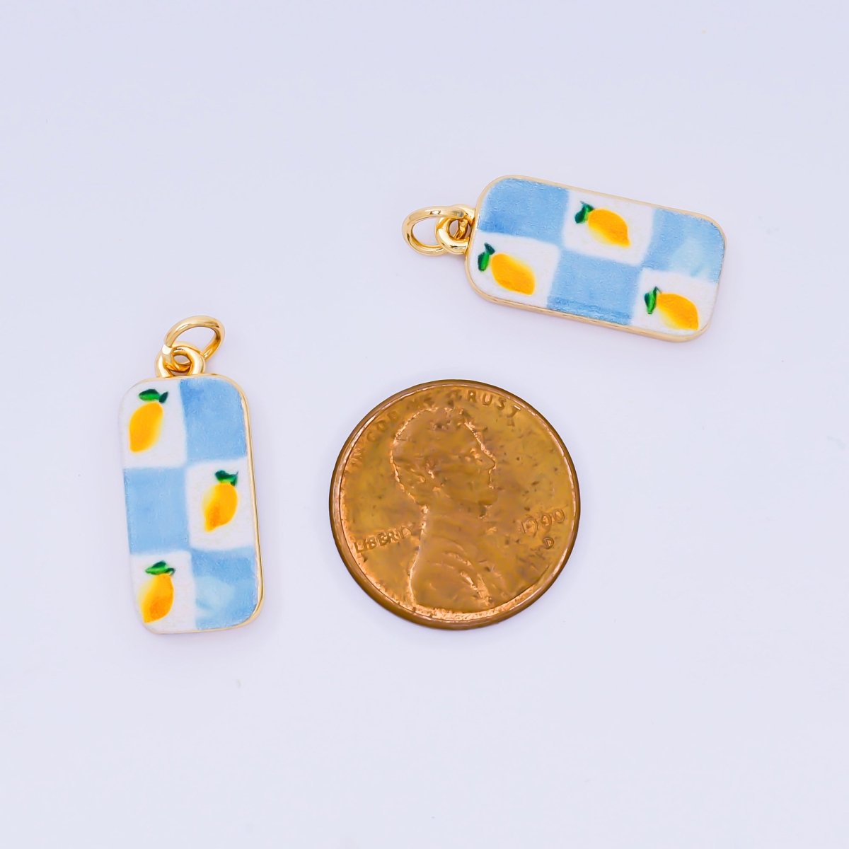 24K Gold Filled 22mm Enamel Art Blue Checkered Lemon Fruit Charm | AJ - 526 - DLUXCA