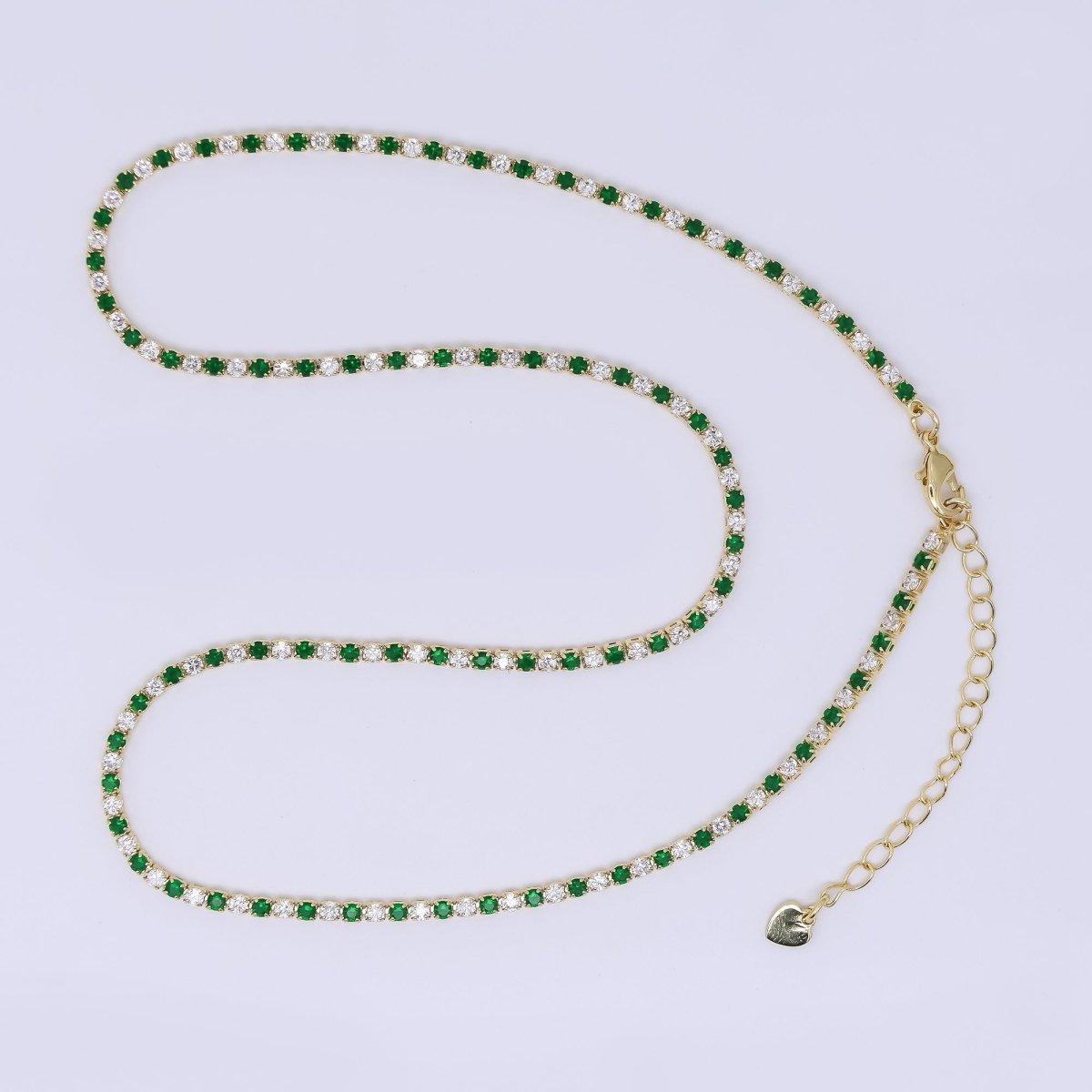 24K Gold Filled 2.2mm Green, Blue Round CZ Alternating Two Colors Tennis Chain 16 Inch Necklace with Extender | WA - 3810 - WA - 3811 - DLUXCA