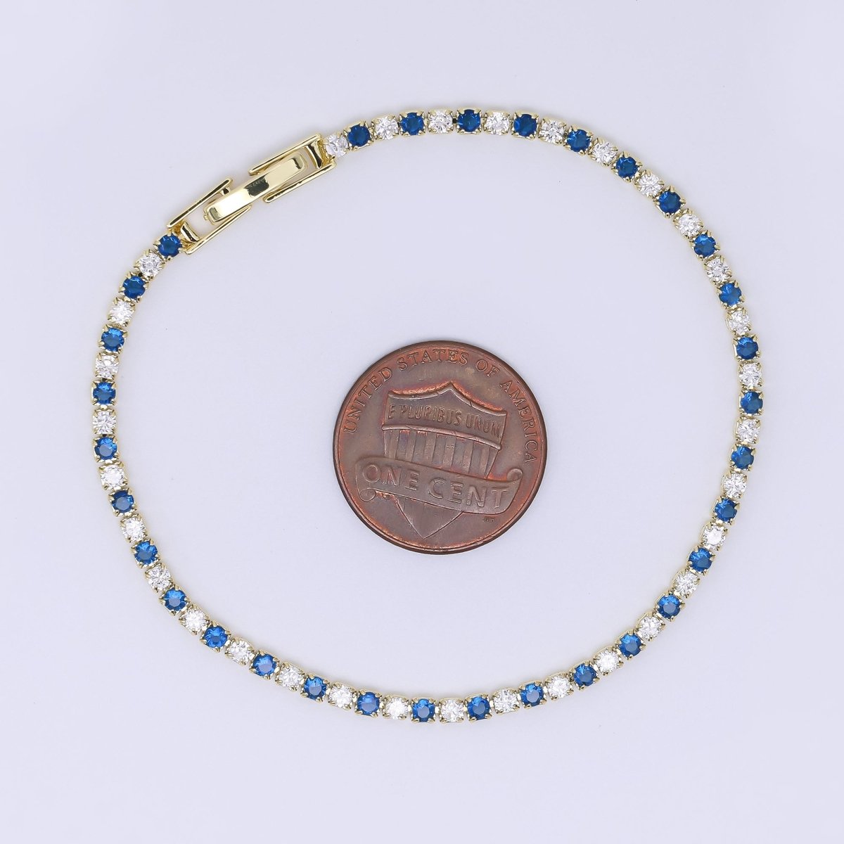 24K Gold Filled 2.2mm Green, Blue Round CZ Alternating Two - Toned 7 Inches Tennis Bracelet | WA - 3819 - WA - 3820 - DLUXCA