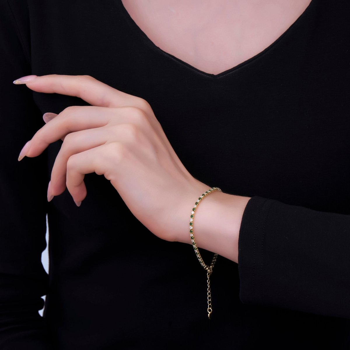 24K Gold Filled 2.2mm Green Round CZ Dual - Toned 7 Inches Tennis Bracelet with Extender | WA - 2439 - DLUXCA