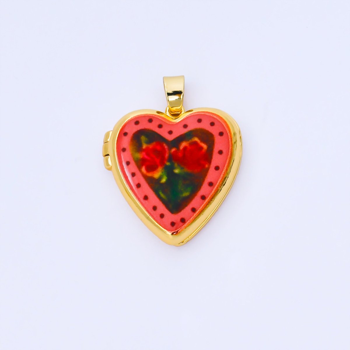 24K Gold Filled 22mm Hand - Painted Enamel Heart - Shaped Locket Flower Pendant | AA1613 ~ AA1617 - DLUXCA