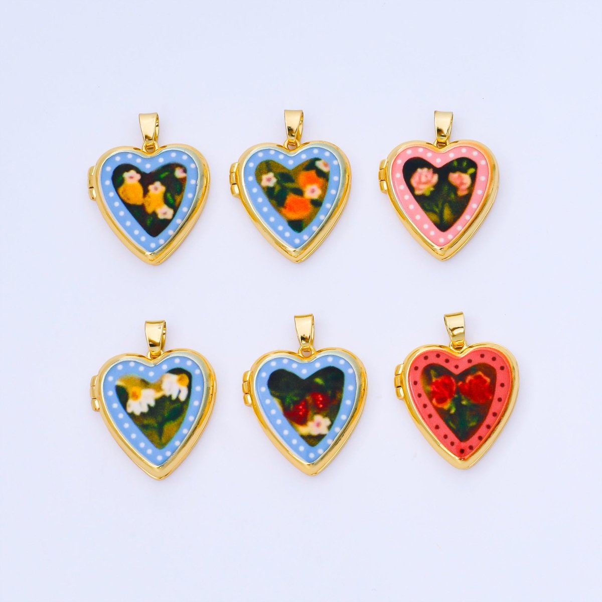24K Gold Filled 22mm Hand - Painted Enamel Heart - Shaped Locket Flower Pendant | AA1613 ~ AA1617 - DLUXCA
