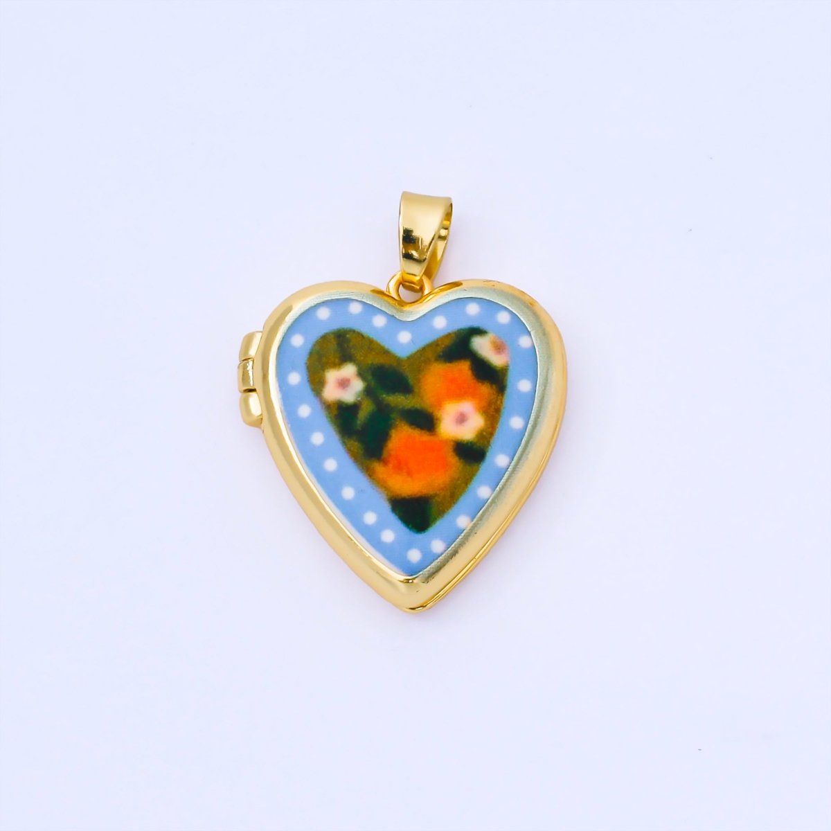 24K Gold Filled 22mm Hand - Painted Enamel Heart - Shaped Locket Flower Pendant | AA1613 ~ AA1617 - DLUXCA