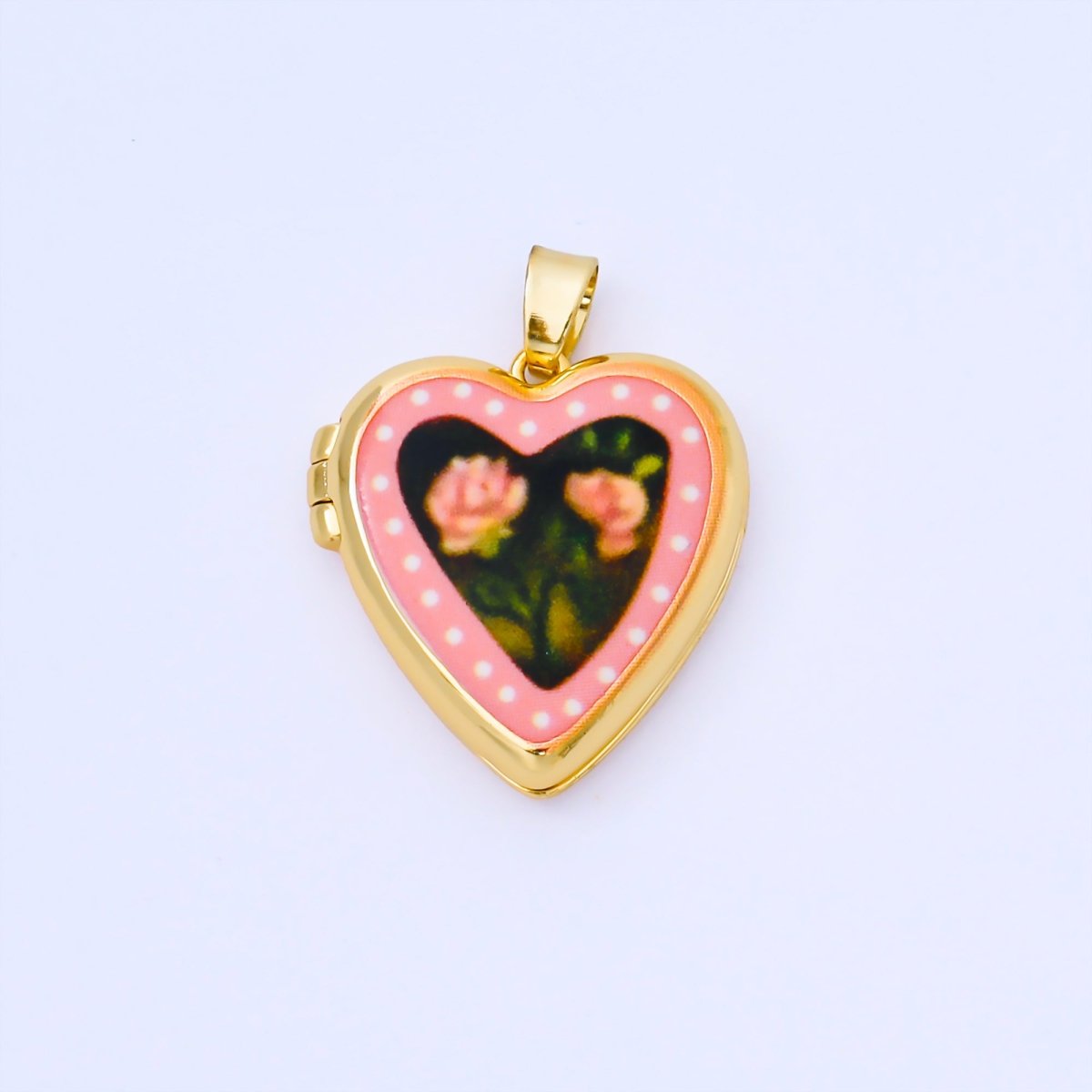 24K Gold Filled 22mm Hand - Painted Enamel Heart - Shaped Locket Flower Pendant | AA1613 ~ AA1617 - DLUXCA