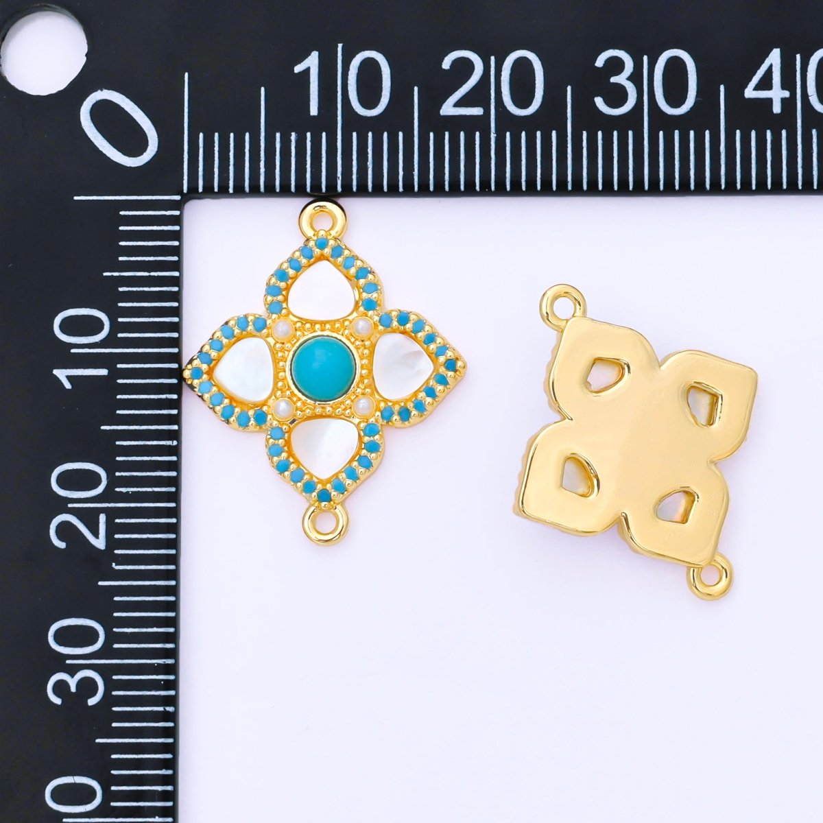 24K Gold Filled 23mm Blue Micro Paved CZ Mother of Pearl 4 - Leaf Lucky Clover Charm Connector | Y - 062 - DLUXCA