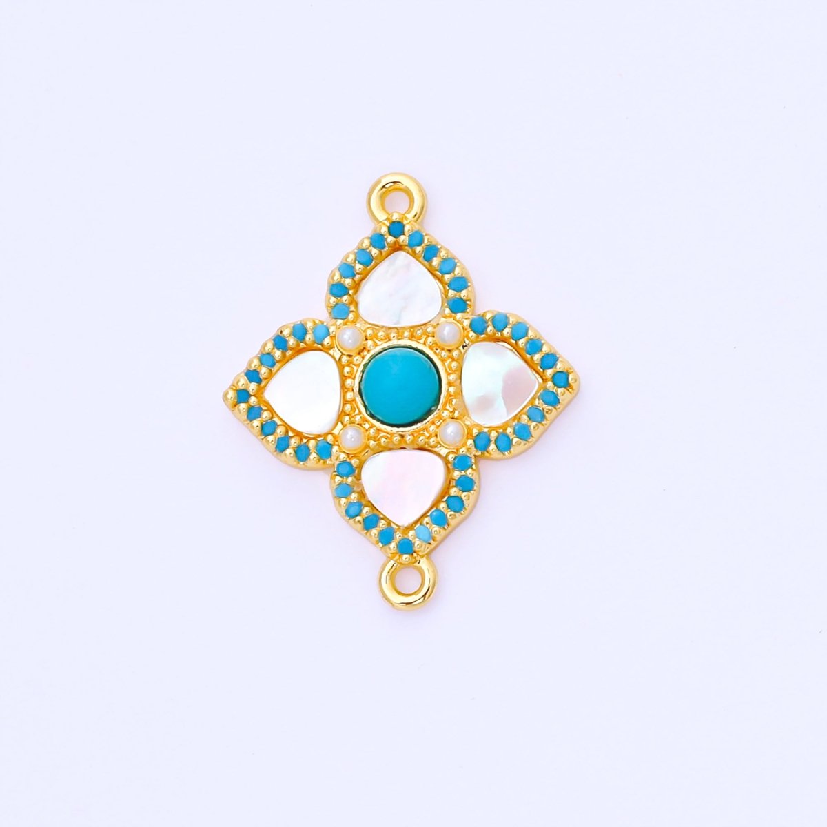 24K Gold Filled 23mm Blue Micro Paved CZ Mother of Pearl 4 - Leaf Lucky Clover Charm Connector | Y - 062 - DLUXCA