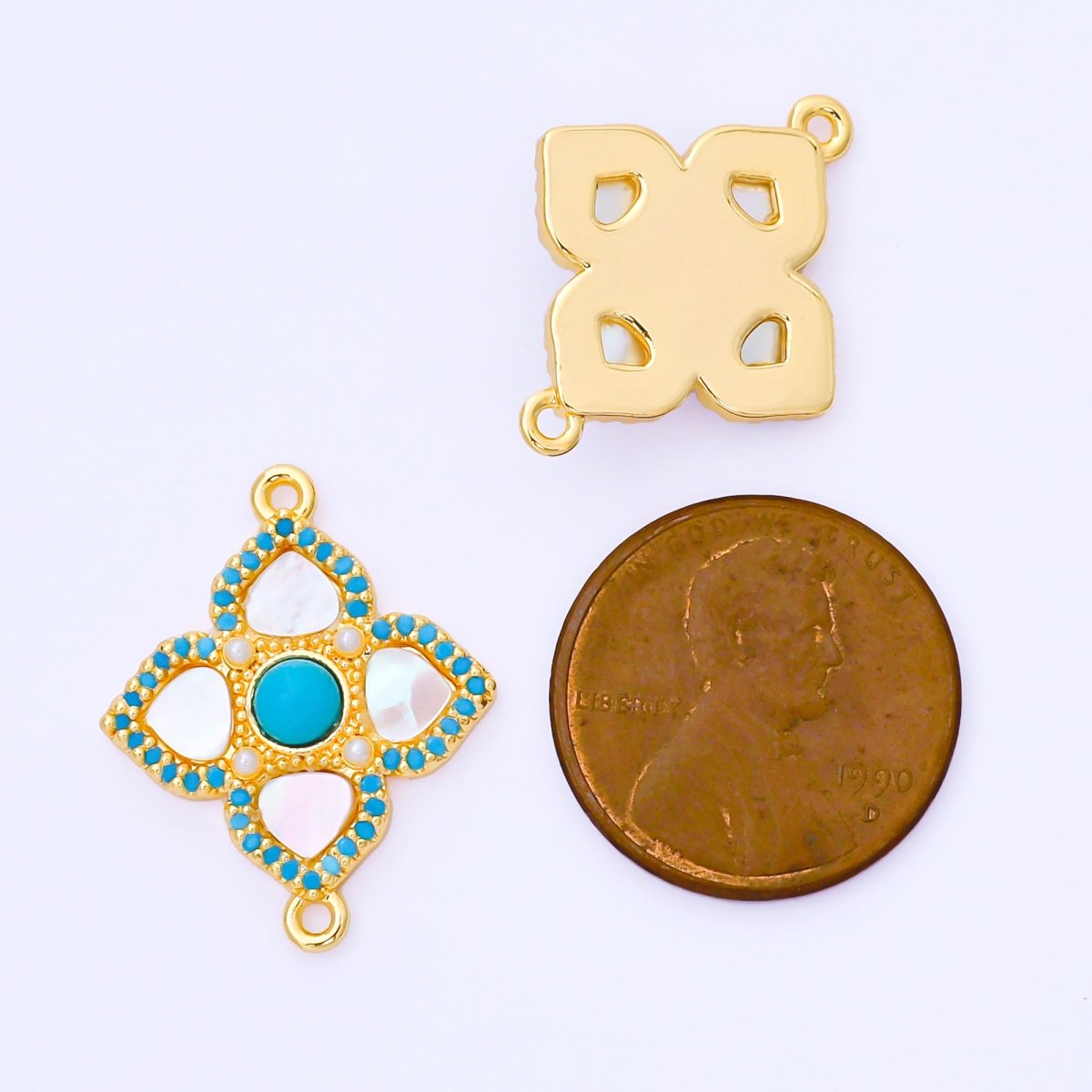 24K Gold Filled 23mm Blue Micro Paved CZ Mother of Pearl 4 - Leaf Lucky Clover Charm Connector | Y - 062 - DLUXCA