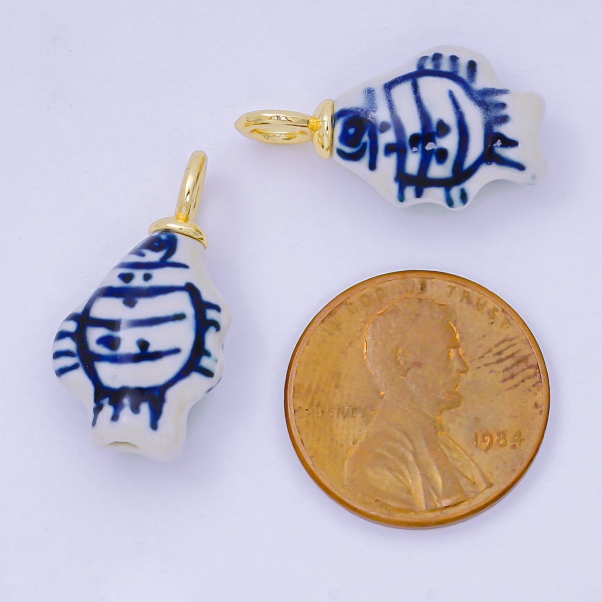 24K Gold Filled 23mm Blue - White Porcelain Ceramics Fish Drop Charm | AF1276 - DLUXCA