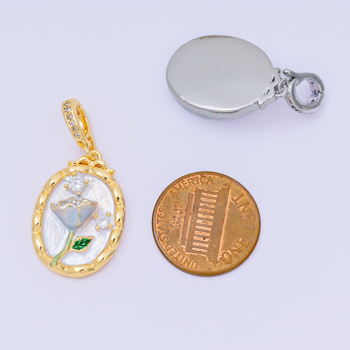 24K Gold Filled 23mm Micro Paved CZ Enamel Art Frame of Flower Charm in Gold & Silver | AA - 1574 - DLUXCA
