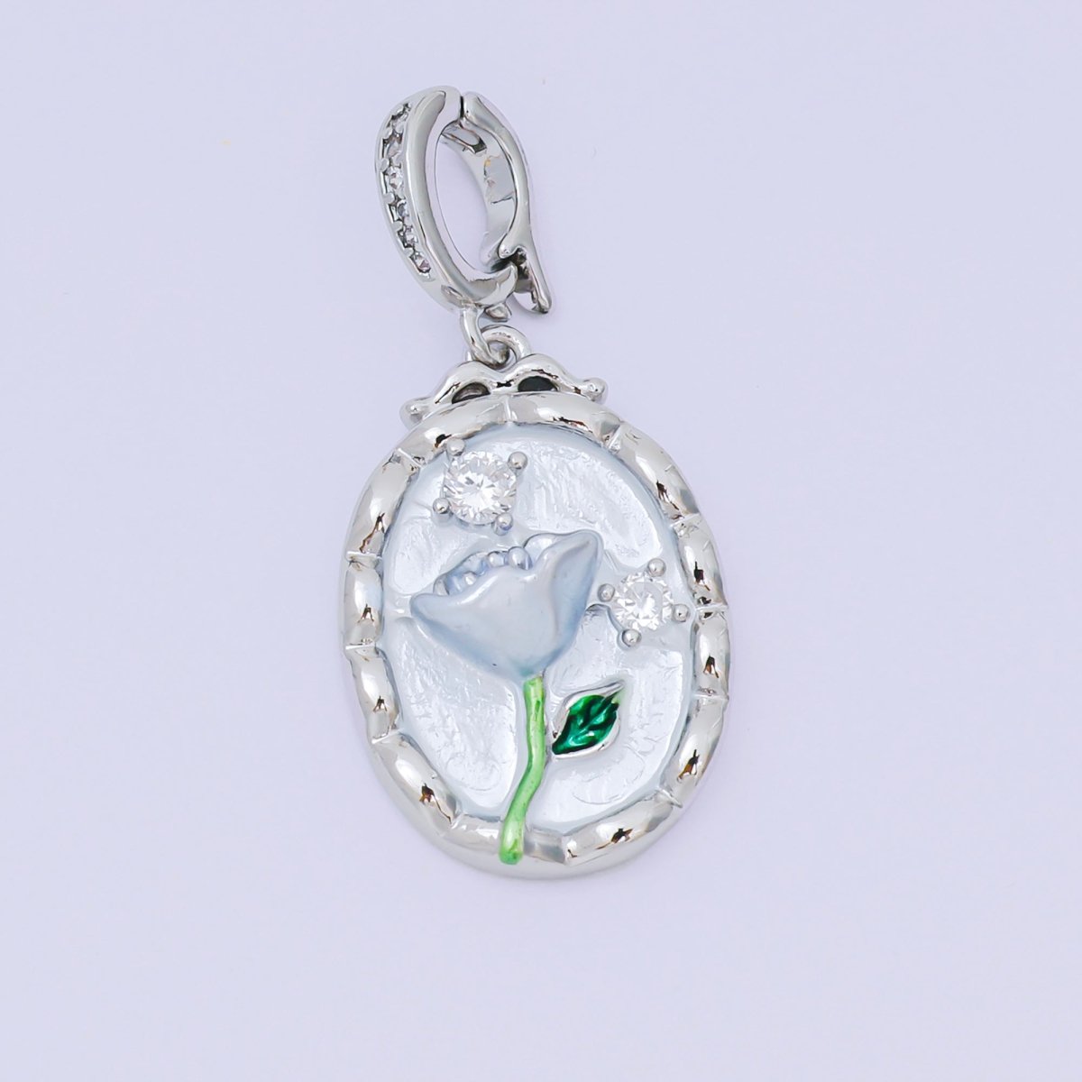 24K Gold Filled 23mm Micro Paved CZ Enamel Art Frame of Flower Charm in Gold & Silver | AA - 1574 - DLUXCA