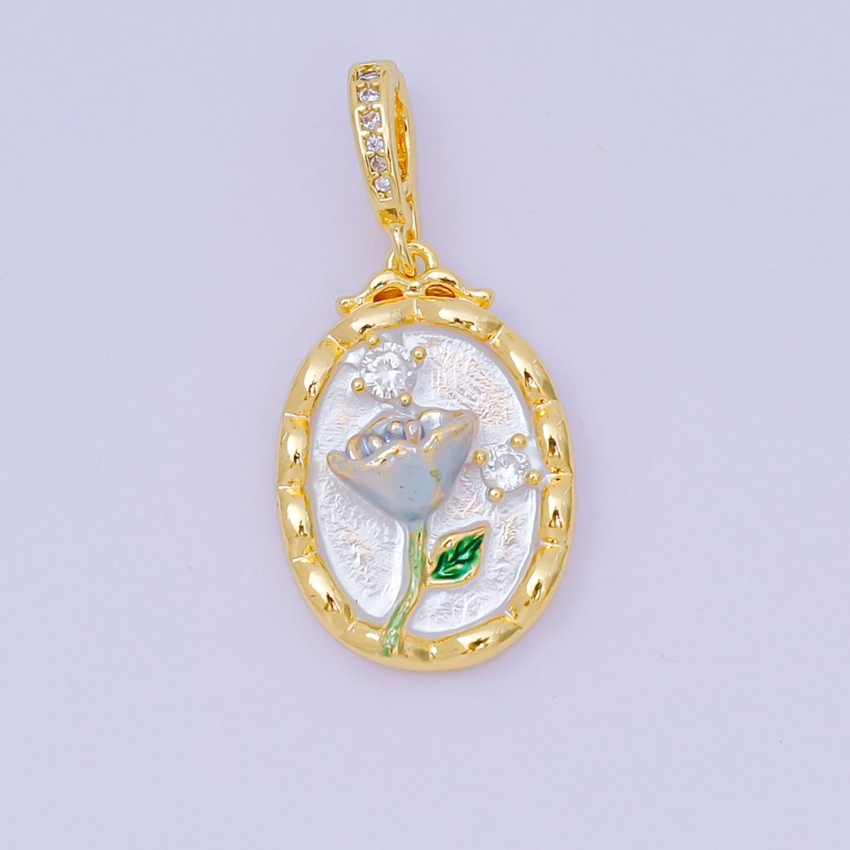 24K Gold Filled 23mm Micro Paved CZ Enamel Art Frame of Flower Charm in Gold & Silver | AA - 1574 - DLUXCA