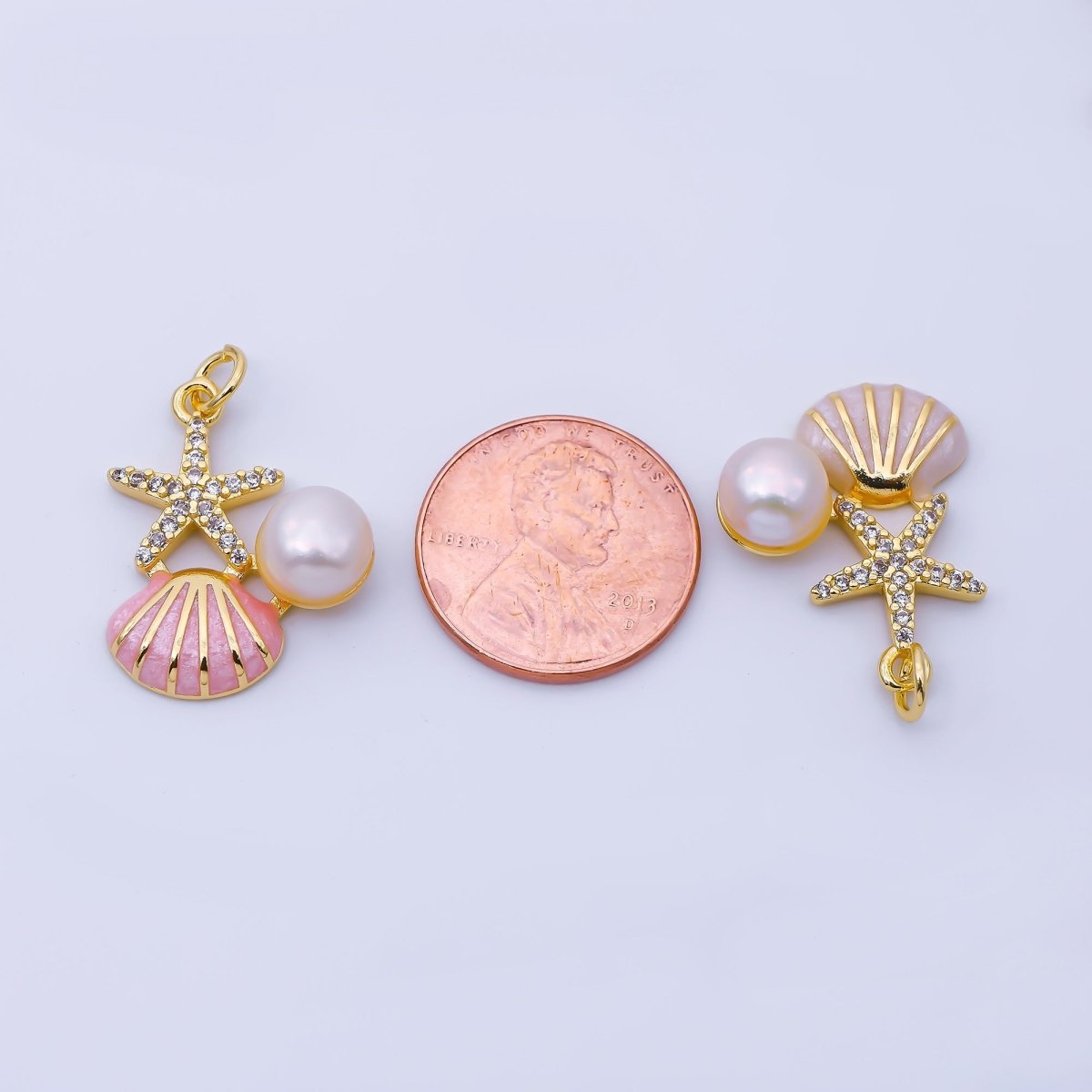 24K Gold Filled 23mm White, Pink, Blue Micro Paved CZ Shell Pearl Starfish Clam Seashell Charm | AF1588 AF1589 - DLUXCA