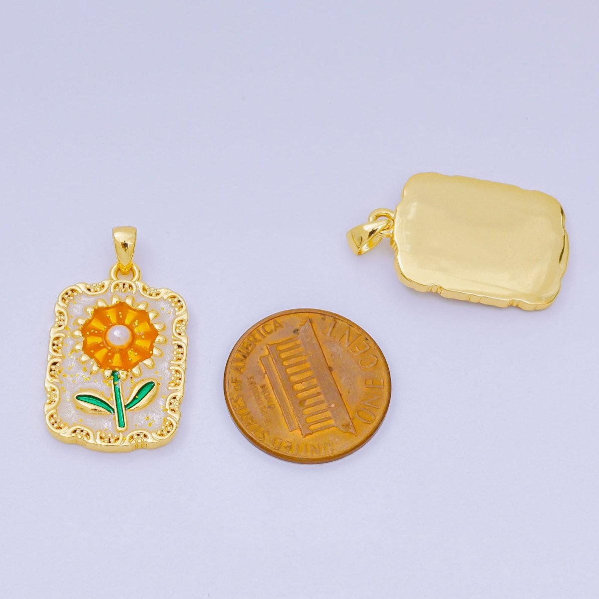 24K Gold Filled 24mm Enamel Art Sunflower Medallion Pendant | AA - 1603 - DLUXCA